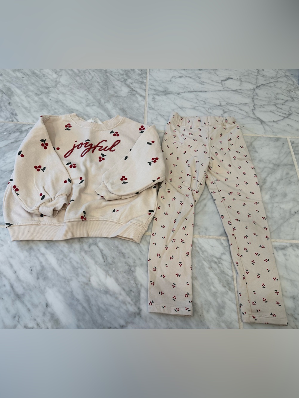 Cream Cherry-Print Girls Outfit Set